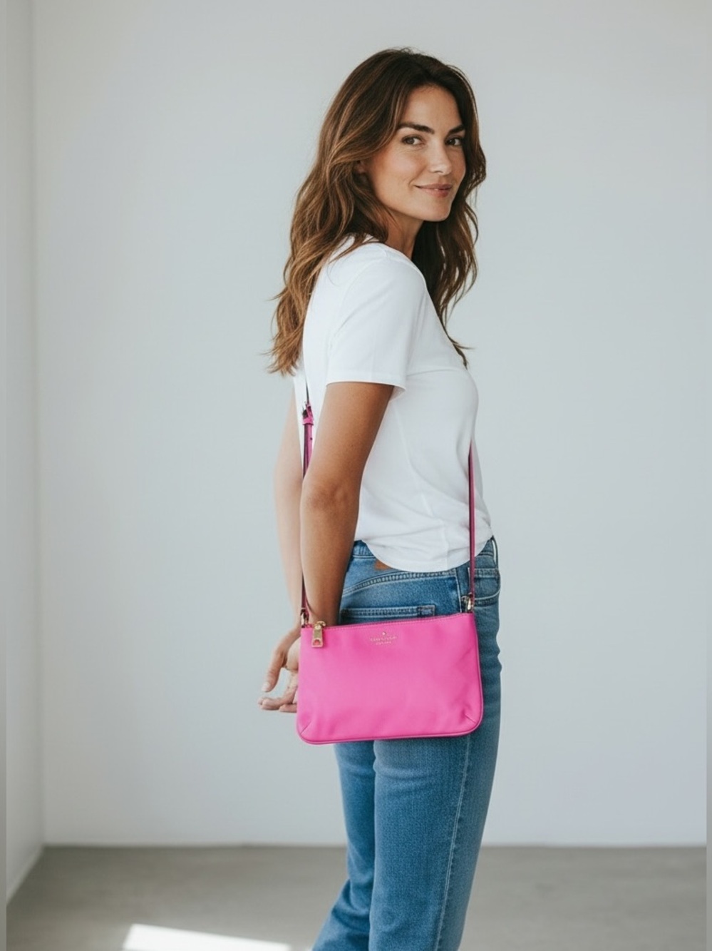 kate spade Hot Pink Leather Crossbody with Gold Logo